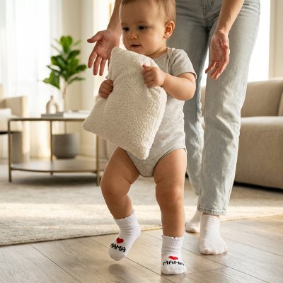 Bébé en marche au salon porte chaussettes bebe blanc