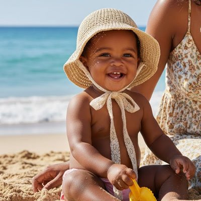 Bébé en plage avec maman porte chapeau bebe en paille