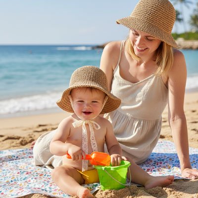 Bébé en plage avec maman porte chapeau bebe en paille