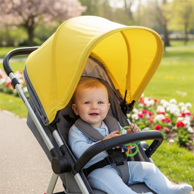Bébé en promenade sous par soleil pour poussette​ jaune