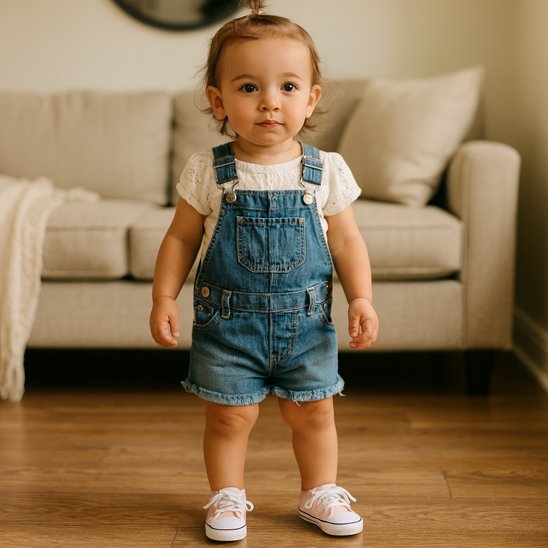 Bébé en salopette au salon porte chaussure bebe rose blanc