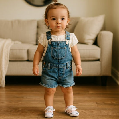 Bébé en salopette au salon porte chaussure bebe rose blanc
