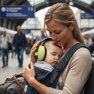 Bébé endormi contre maman porte casque anti bruit bébé vert certifié