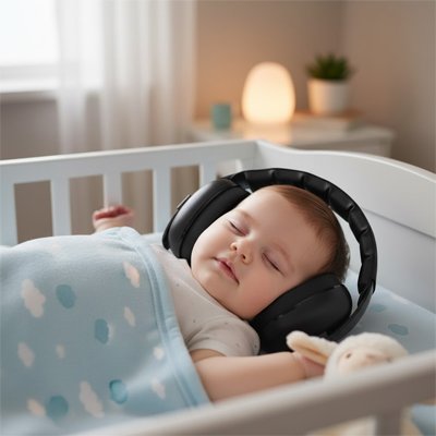 Bébé endormit  porte casque anti bruit bébé noir
