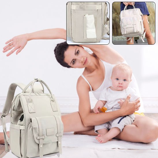 Bébé et maman mode yoga avec sac à langer beige