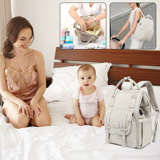 Bébé et maman sur lit avec sac à langer beige