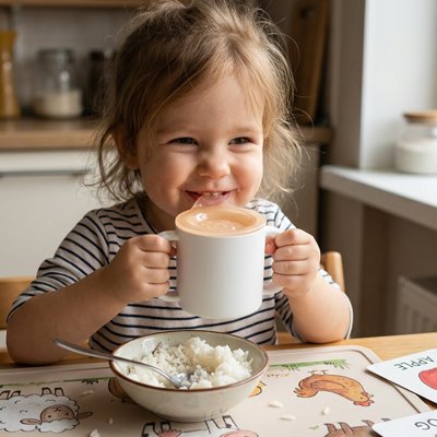 Bébé heureux à table avec son gobelet bebe blanc ergo