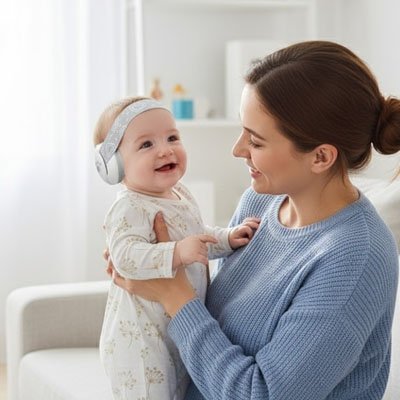 Bébé heureux avec maman porte casque anti bruit bébé blanc