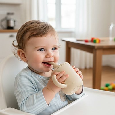Bébé  heureux boit dans son gobelet bébé jaune à table