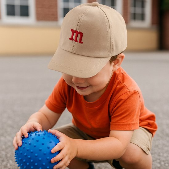 Bébé heureux portant casquette beige tendance joue au ballon