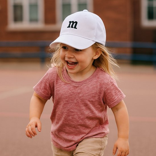 Bébé heureux portant casquette beige tendance joue dans cour