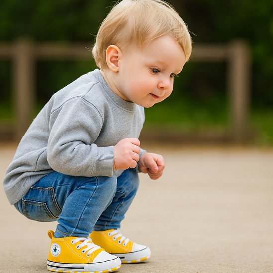 Bébé jouant à extérieur porte chaussure bebe jaune blanc