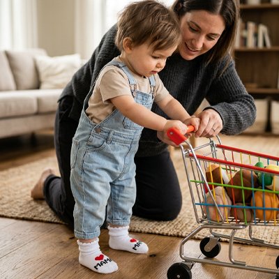 Bébé jouant au salon porte chaussettes bebe blanc