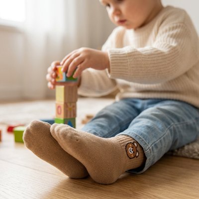 Bébé jouant au salon porte chaussettes bebe marron ours