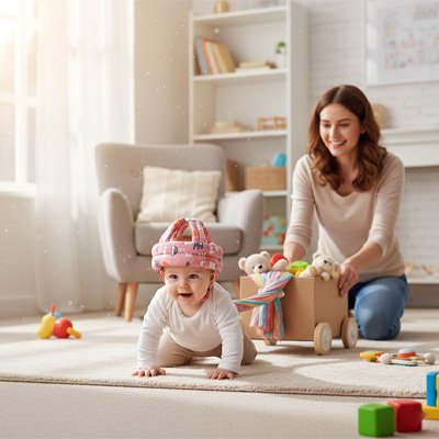 Bébé jouant avec maman porte casque bebe rose coloré