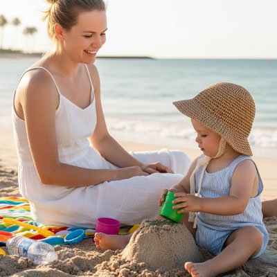 Bébé jouant avec maman porte chapeau bebe en paille