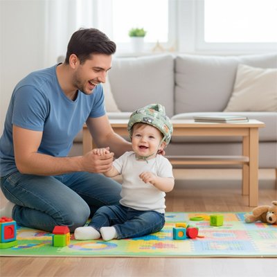 Bébé jouant avec papa porte casque bebe gris coloré