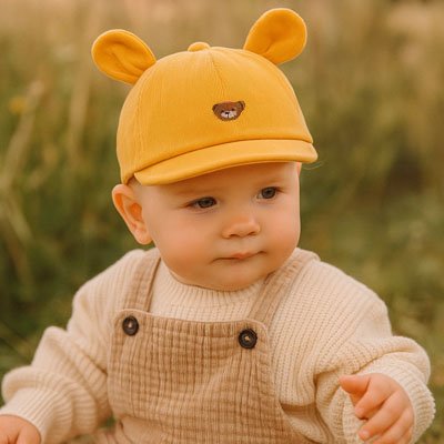 Bébé jouant dehors porte  casquette bébé jaune chat
