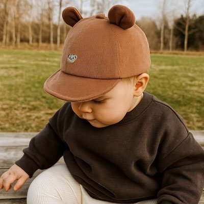 Bébé jouant dehors porte  casquette bébé marron chat