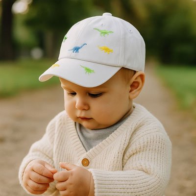 Bébé jouant dehors porte casquette blanc  motif dinosaure