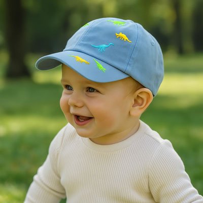Bébé jouant dehors porte casquette bleu motif dinosaure