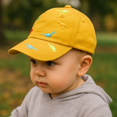 Bébé jouant dehors porte casquette jaune motif dinosaure