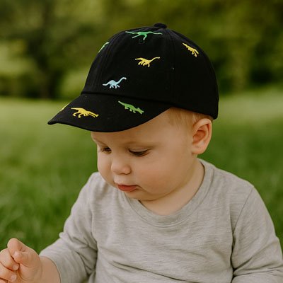 Bébé jouant dehors porte casquette noir motif dinosaure