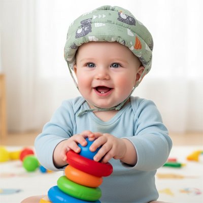Bébé jouant et souriant porte casque bebe gris coloré