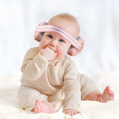 Bébé jouant porte casque anti bruit bébé  rose