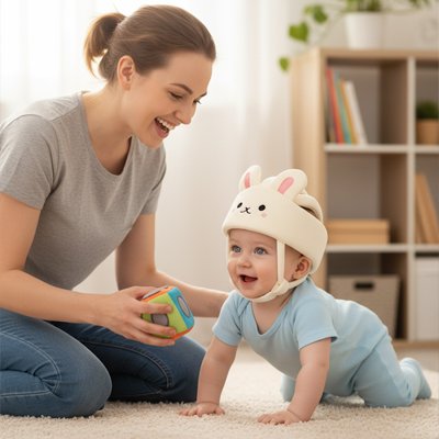 Bébé jouant  porte casque bebe chat