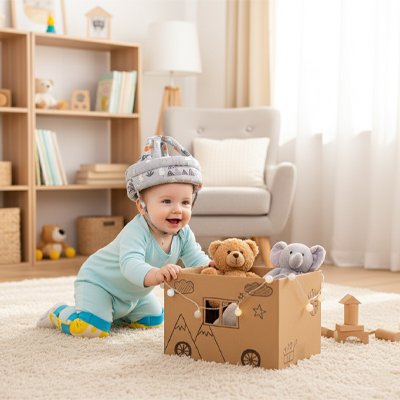 Bébé jouant porte casque bebe gris coloré