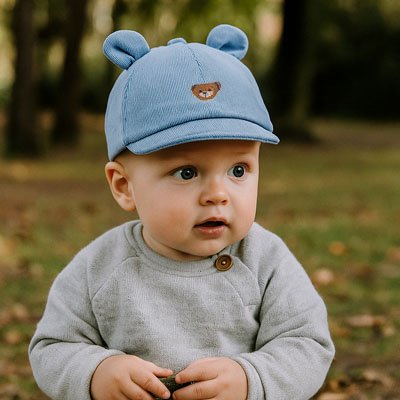 Bébé jouant  porte  casquette bébé bleu chat