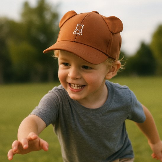 Bébé  jouant porte casquette bébé marron ourson
