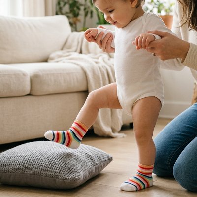 Bébé jouant porte chaussettes bebe blanc  bicolore