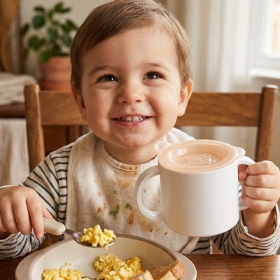 Bébé joyeux à table avec son gobelet bebe blanc ergo