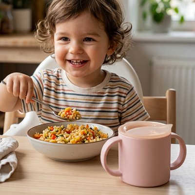 Bébé joyeux à table avec son gobelet bebe rose ergo