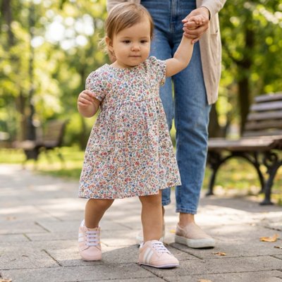 Bébé marchant porte chaussure bebe rose au parc