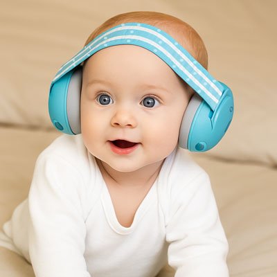 bébé mignon avec casque anti bruit bébé bleu