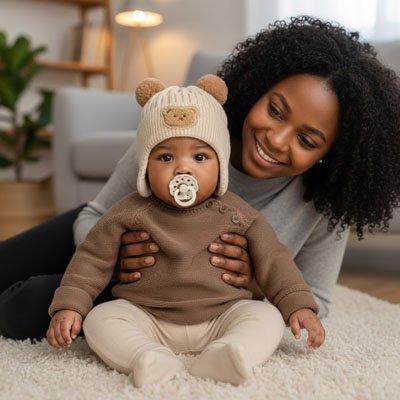 Bébé portant bonnet bebe beige tricot avec maman souriante
