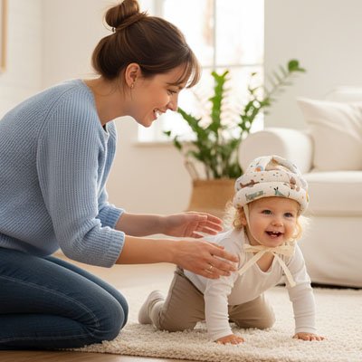 Bébé portant casque bebe beige zoo joue avec maman