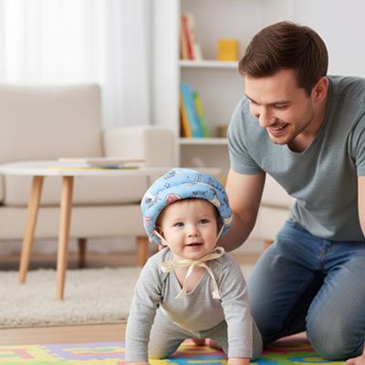 Bébé portant casque bebe bleu coloré joue avec papa