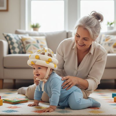 Bébé portant casque bebe jaune coloré joue avec maman