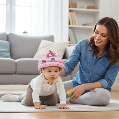 Bébé portant casque bebe rose coloré joue avec maman