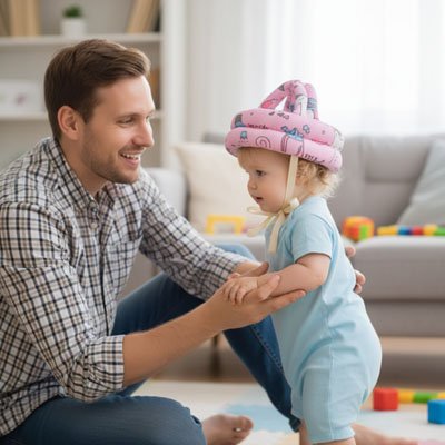 Bébé portant casque bebe rose coloré joue avec papa