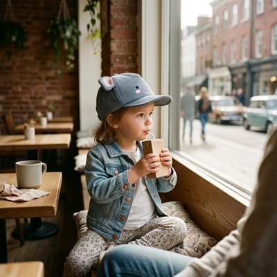 Bébé portant casquette bebe bleu éléphant boit son lait