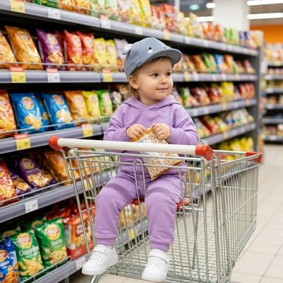 Bébé portant casquette bebe gris éléphant mange ses chips