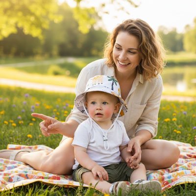 Bébé portant chapeau bebe protection en pique nique avec maman