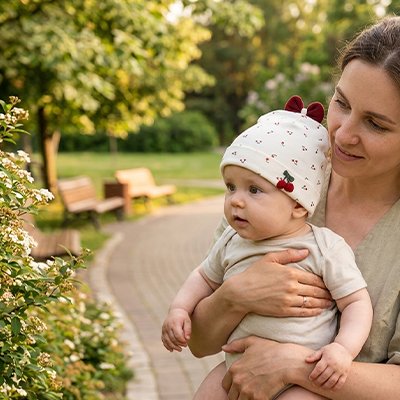 Bébé porte bonnet bebe cerises au parc