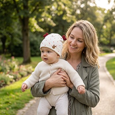 Bébé porte bonnet bebe coeur au parc