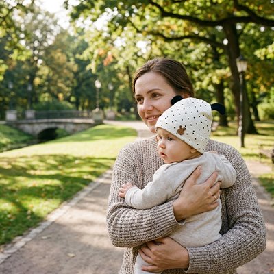 Bébé porte bonnet bebe points noir au parc